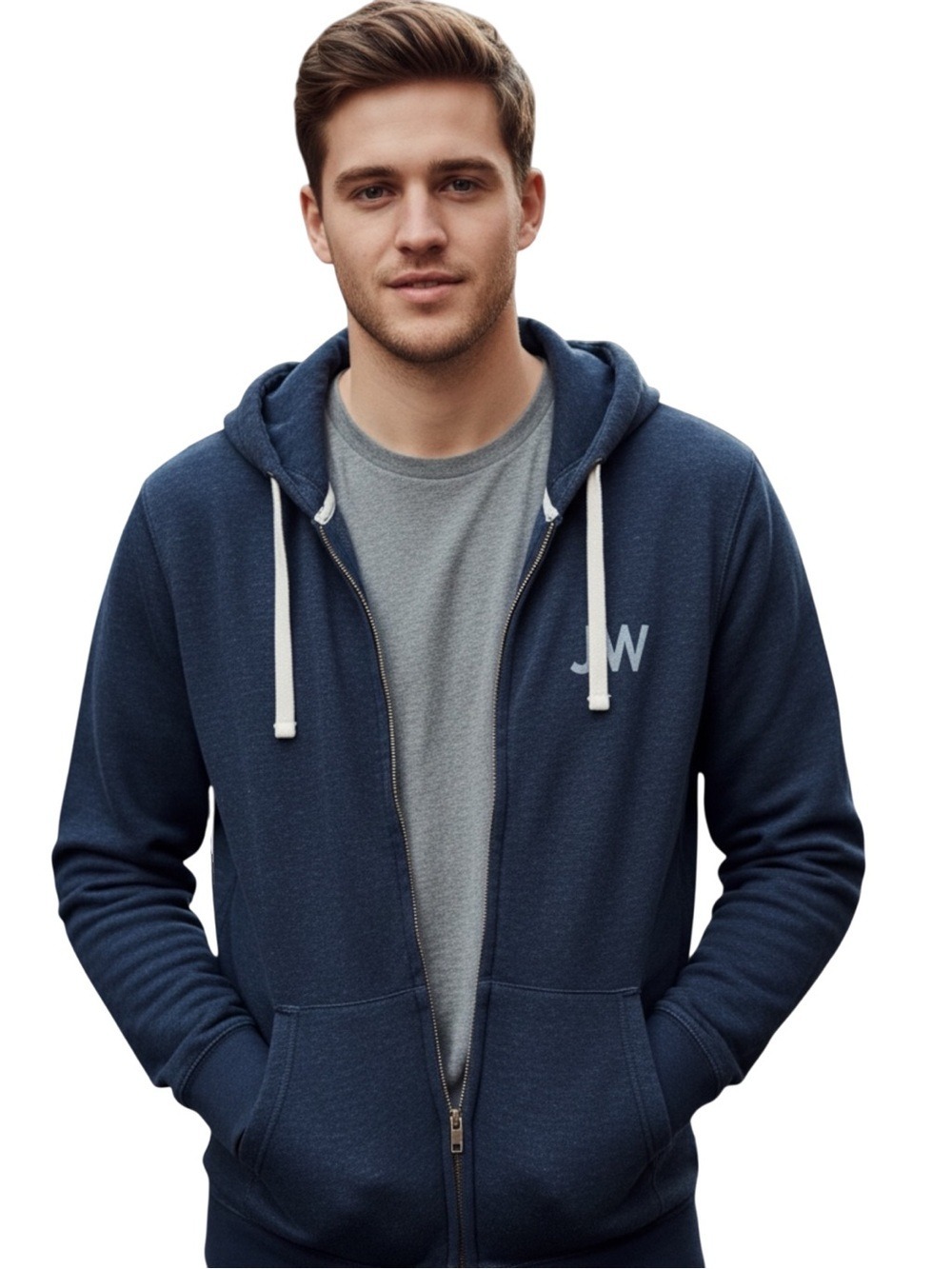 Jack Wills Men's Navy Zip-Up Hoodie with White Drawstrings